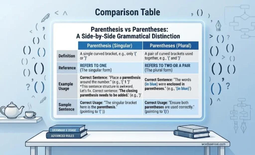 Parenthesis vs Parentheses Comparison Table