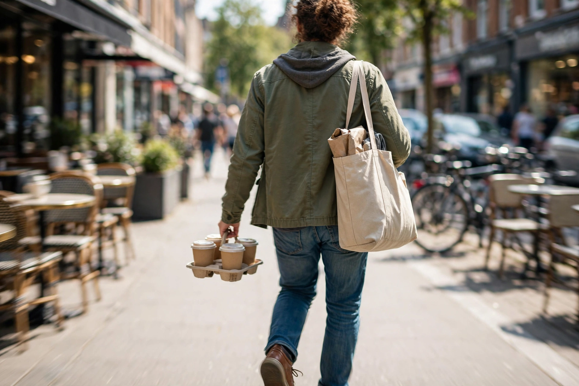 Person carrying takeaway coffee and a shopping bag down a street