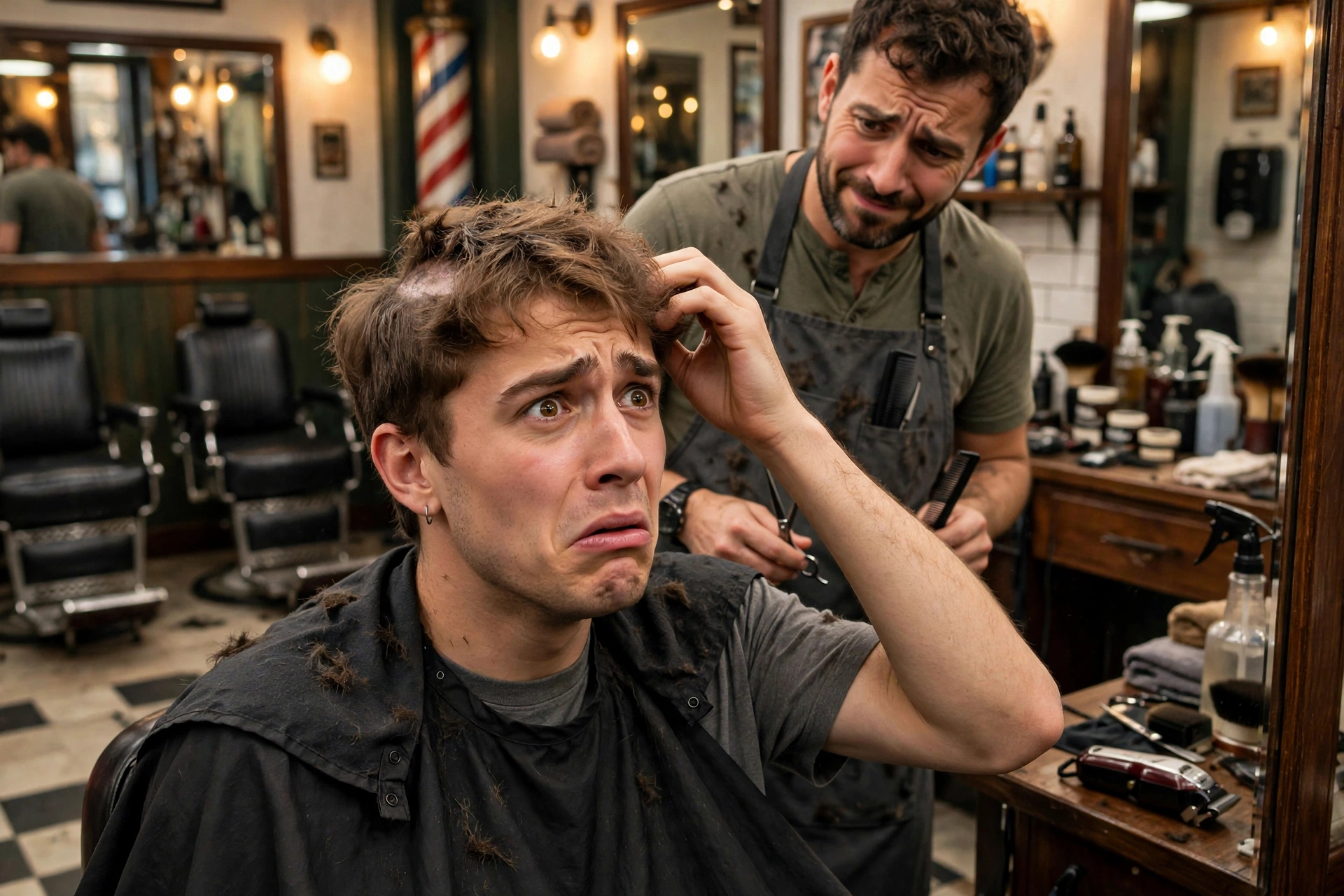 Man dismayed at his bad haircut in a barbershop mirror