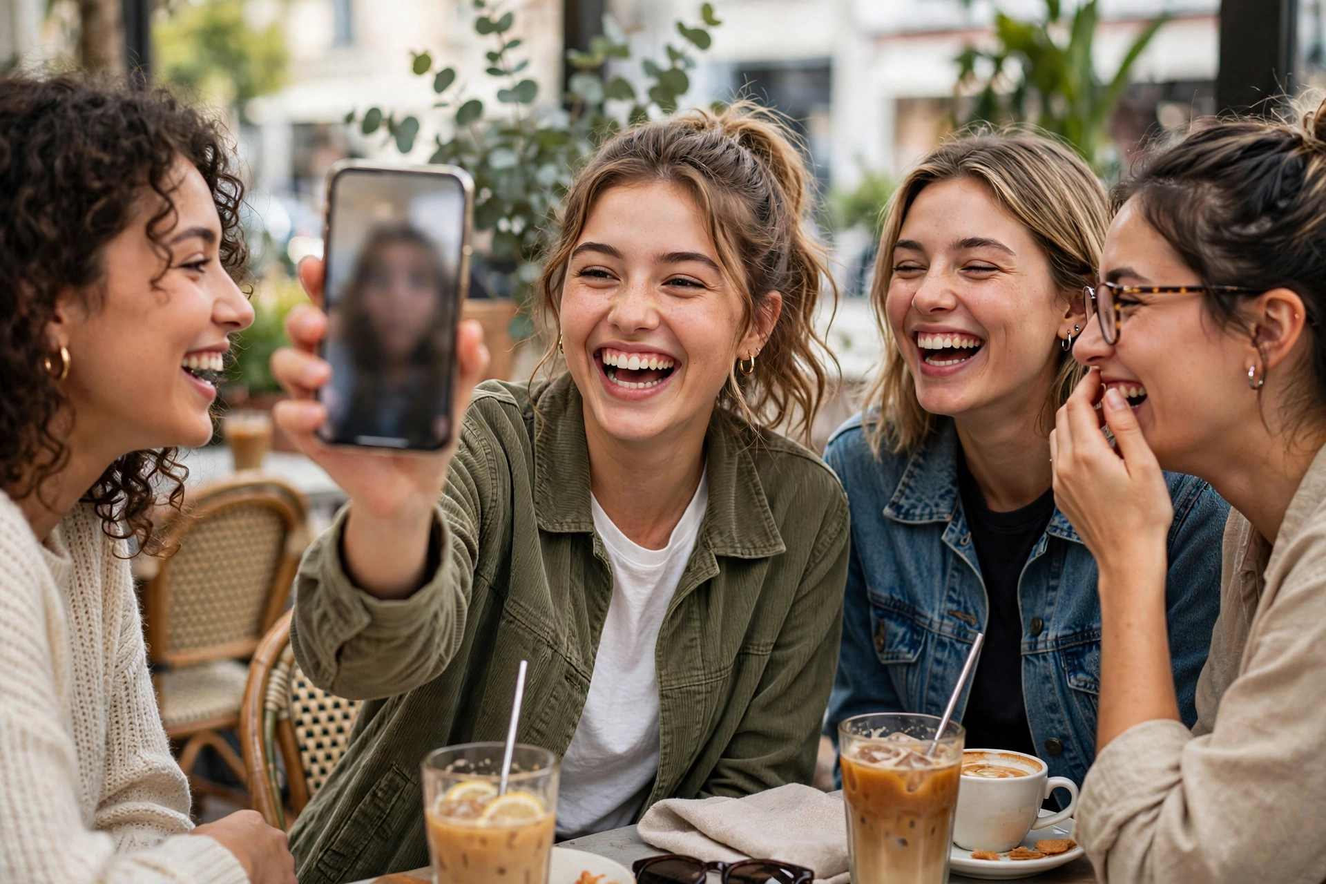 Friends laughing at a funny unflattering photo on a phone