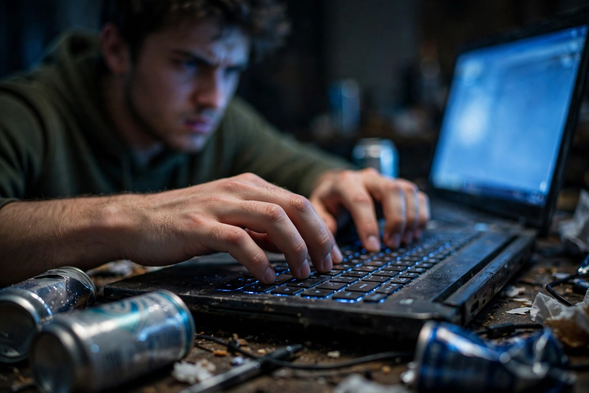 Angry man typing on a laptop — internet troll concept