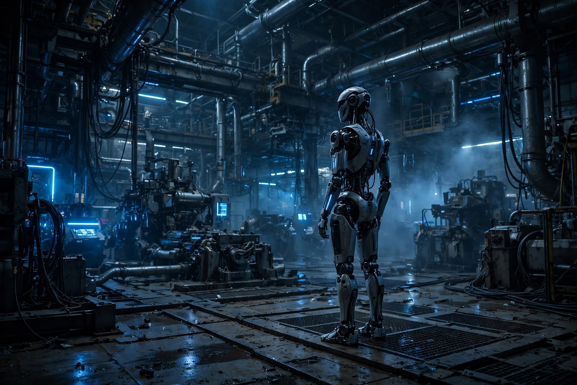 Humanoid robot standing in a futuristic factory with glowing blue lights