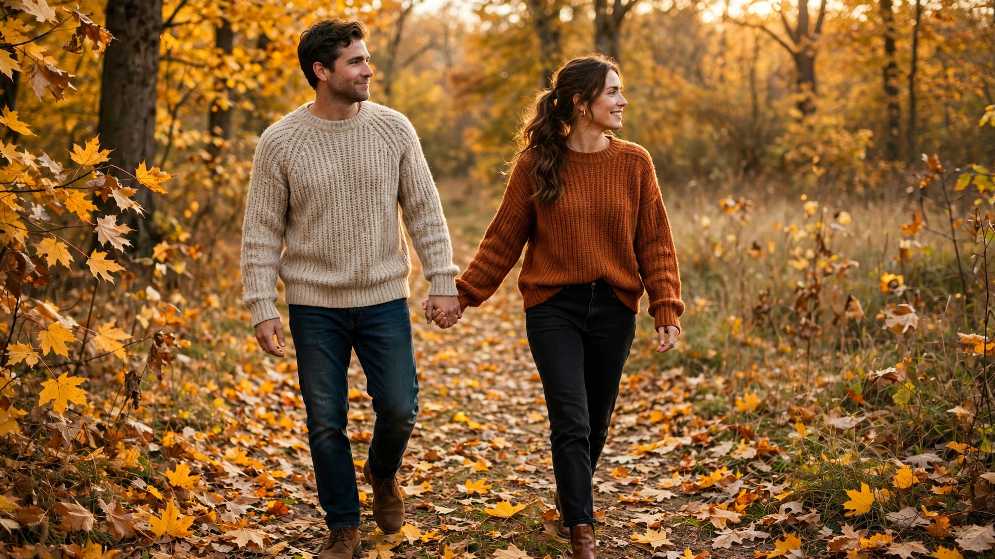 Couple holding hands walking through golden autumn leaves