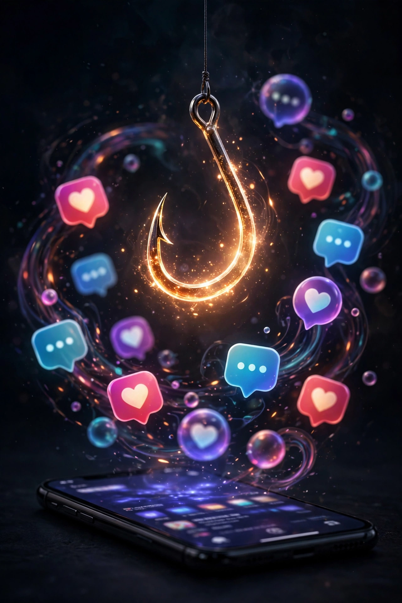 Glowing fish hook dangling above a smartphone with like and comment bubbles swirling