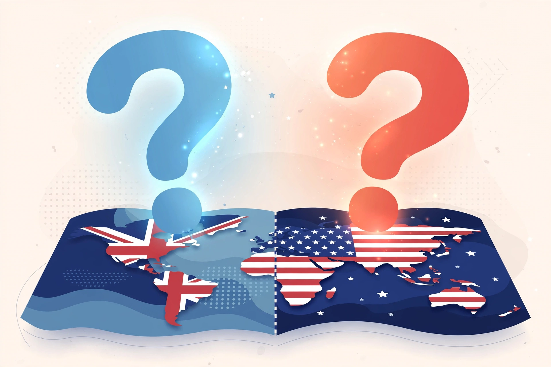 Two glowing question marks facing each other across a split world map, British and American English spelling concept