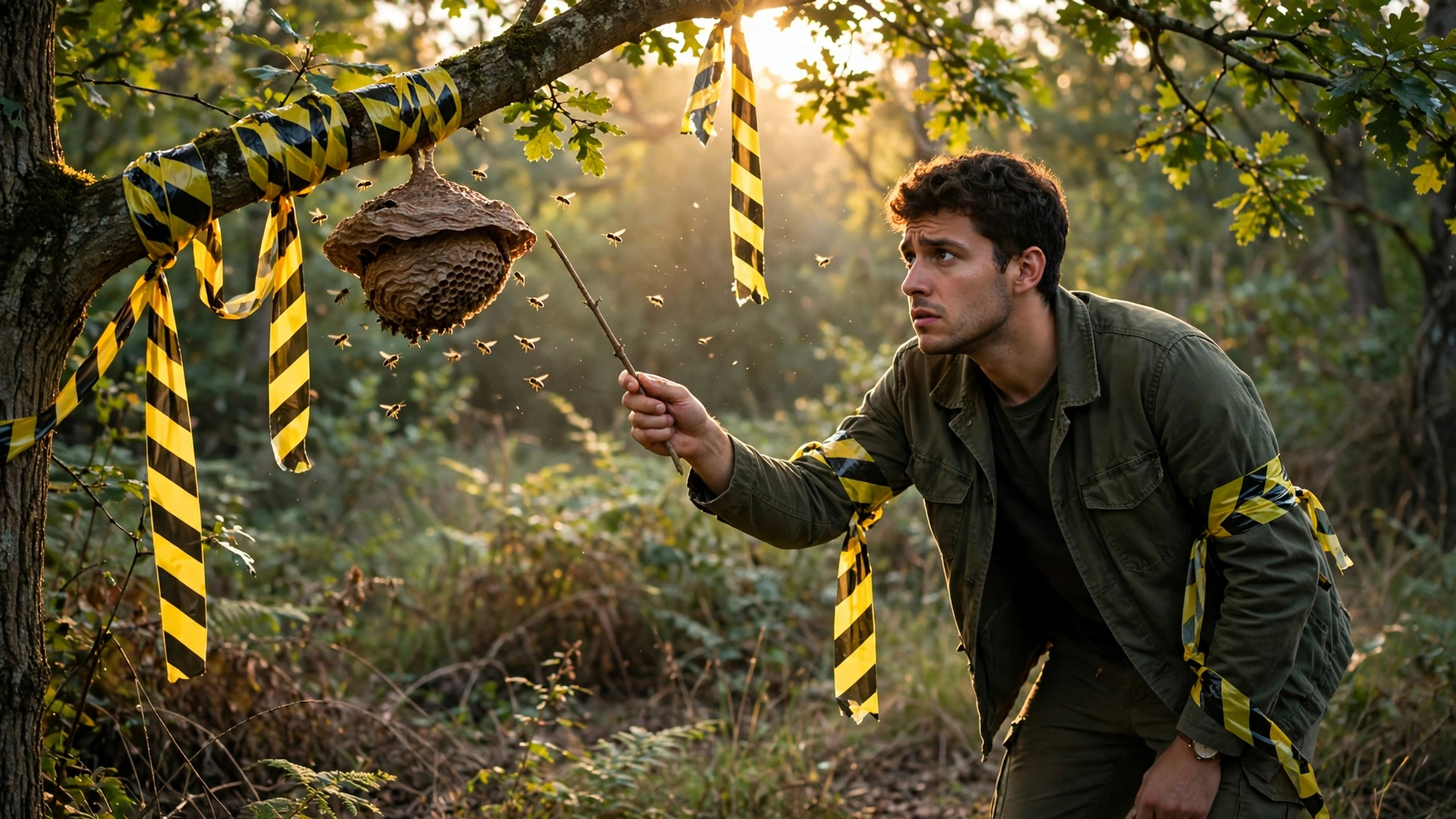 Man about to poke a wasp nest with a stick — actions have consequences