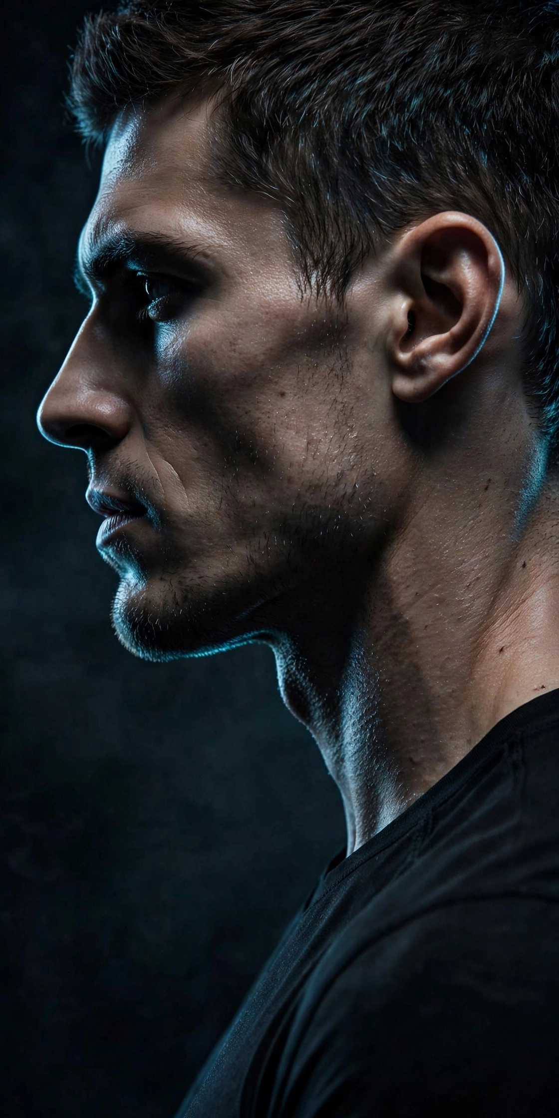 Dramatic side profile of a strong jawline against a dark background
