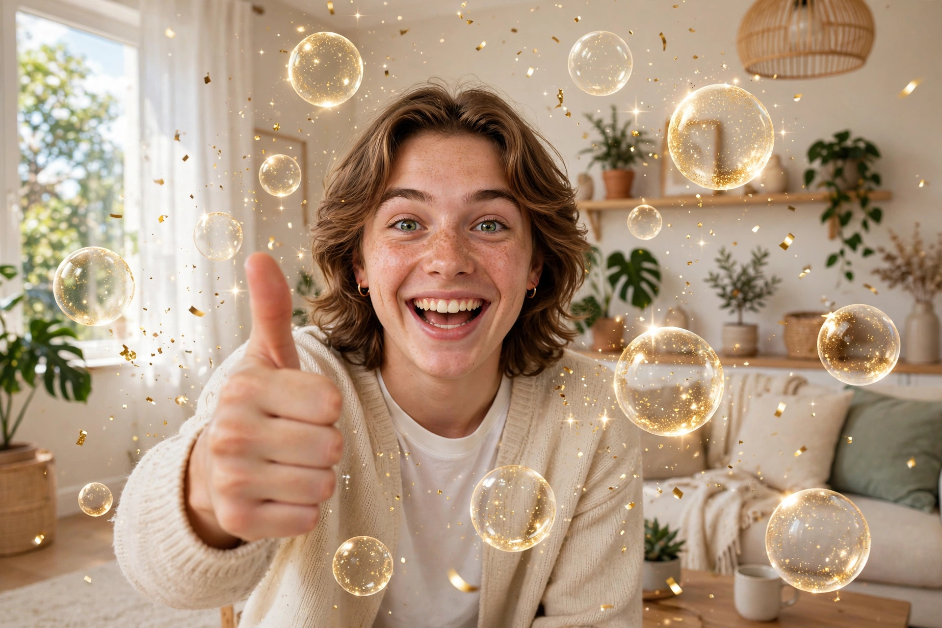 Enthusiastic young person with sparkling golden praise bubbles floating around them