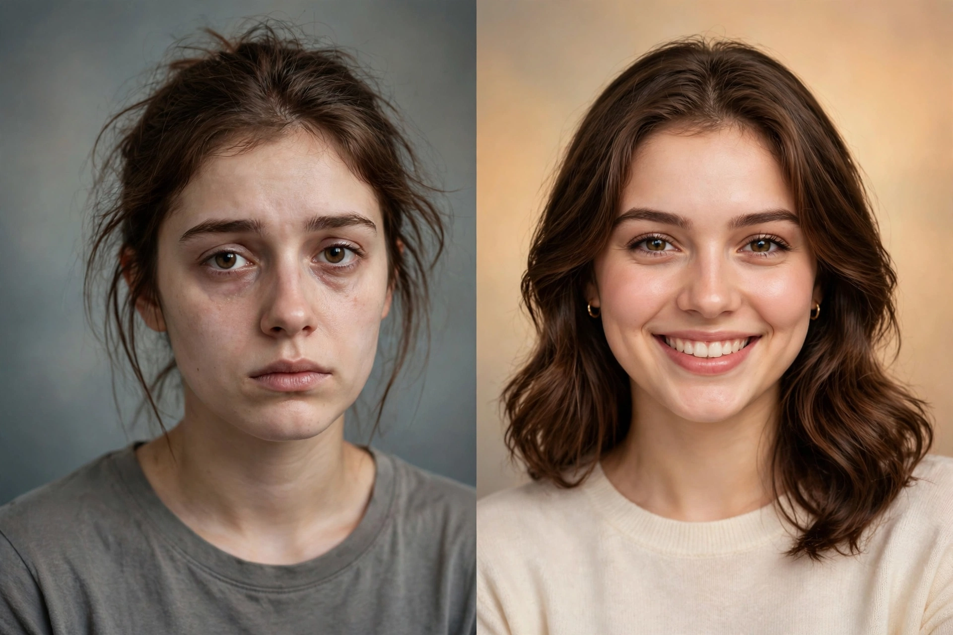 Before-and-after portraits of a young woman showing a confident transformation