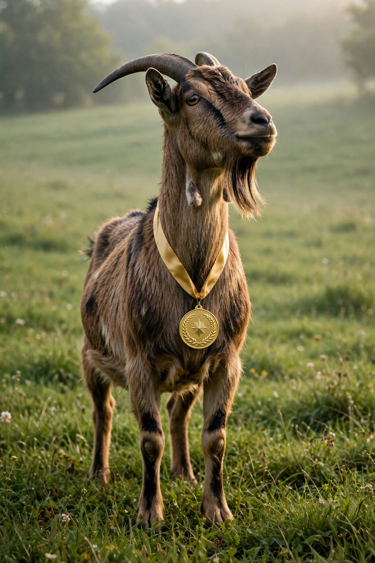 A proud goat in a meadow wearing a gold medal