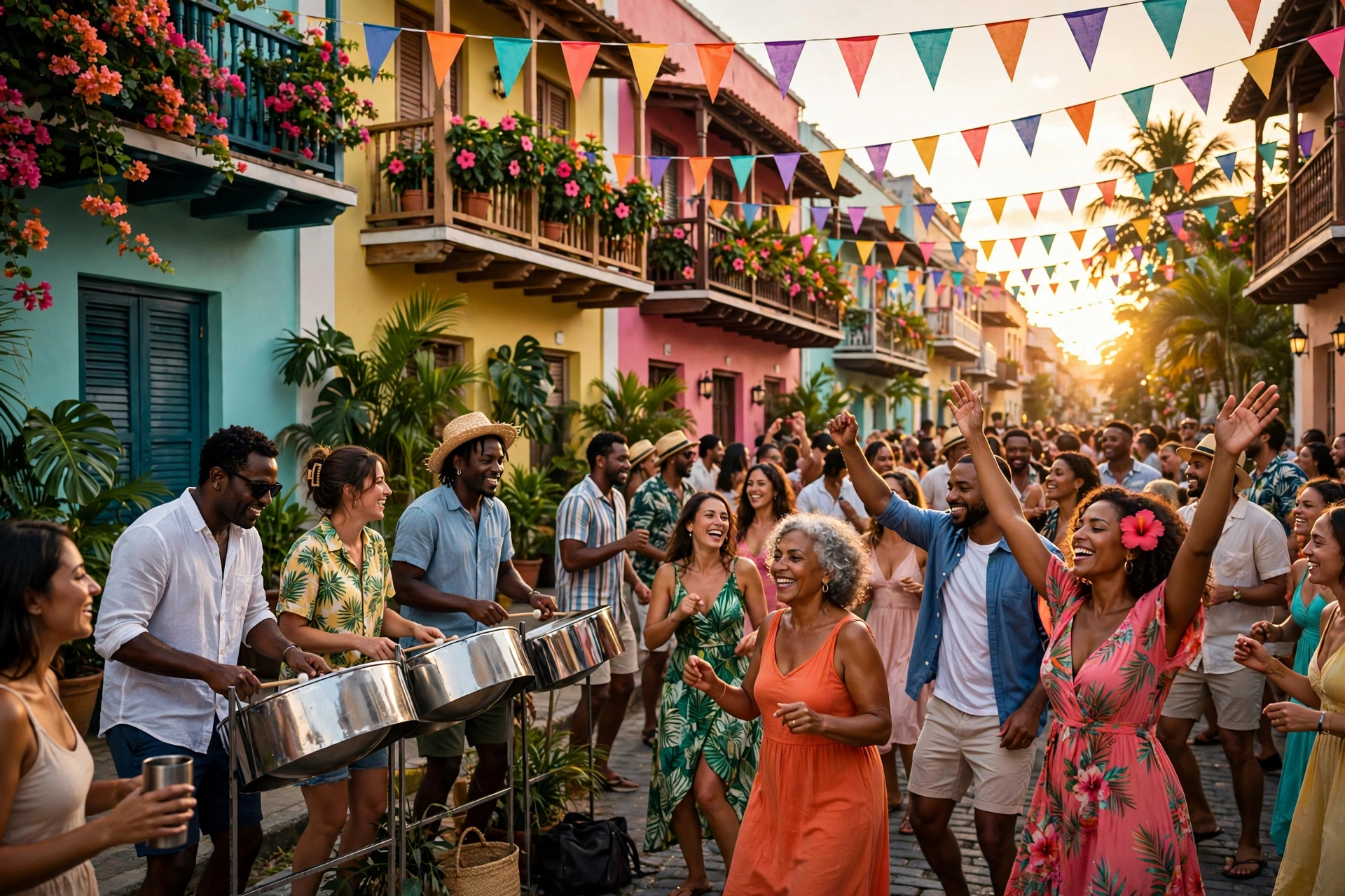 Caribbean street festival with a steel drum band performing under colorful flags