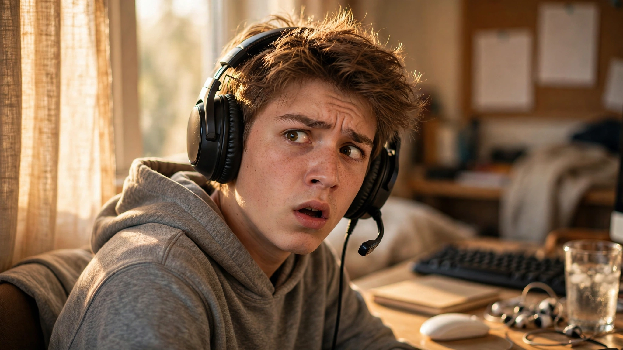 Confused teen gamer with a headset tilting his head as if mishearing