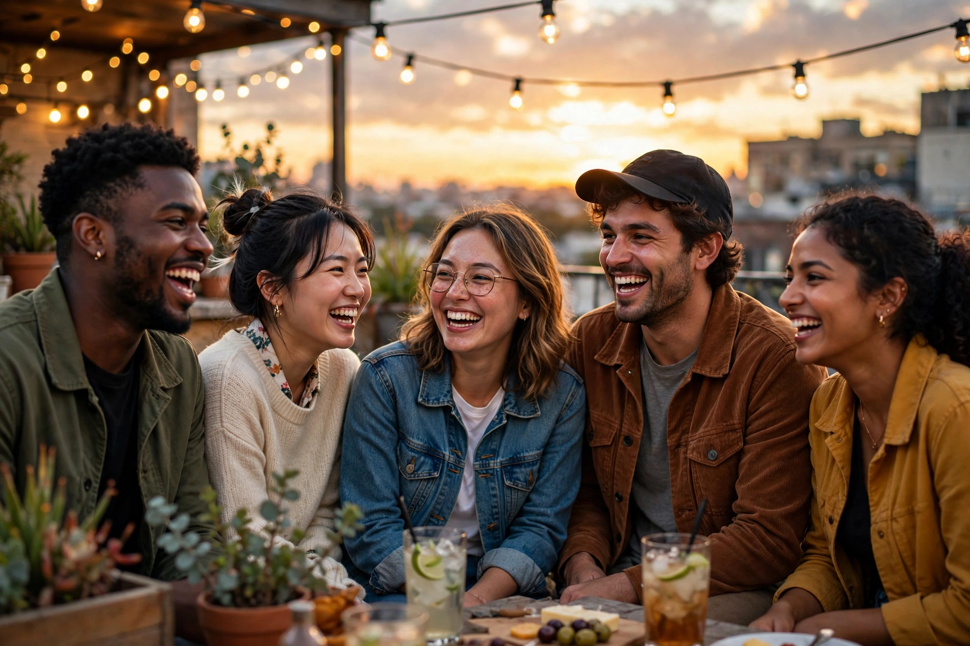 Group of friends laughing together at a lively rooftop party at sunset