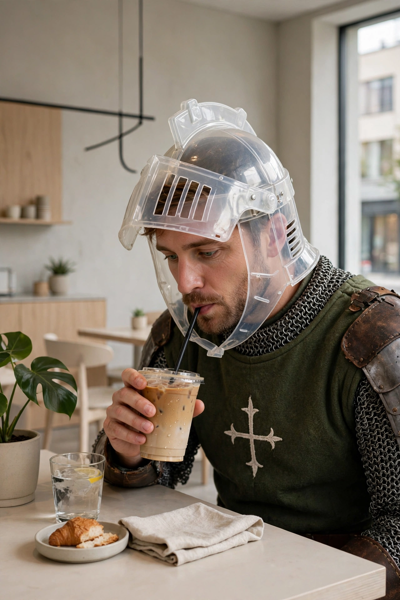 Person in a knight costume sipping coffee in a modern cafe
