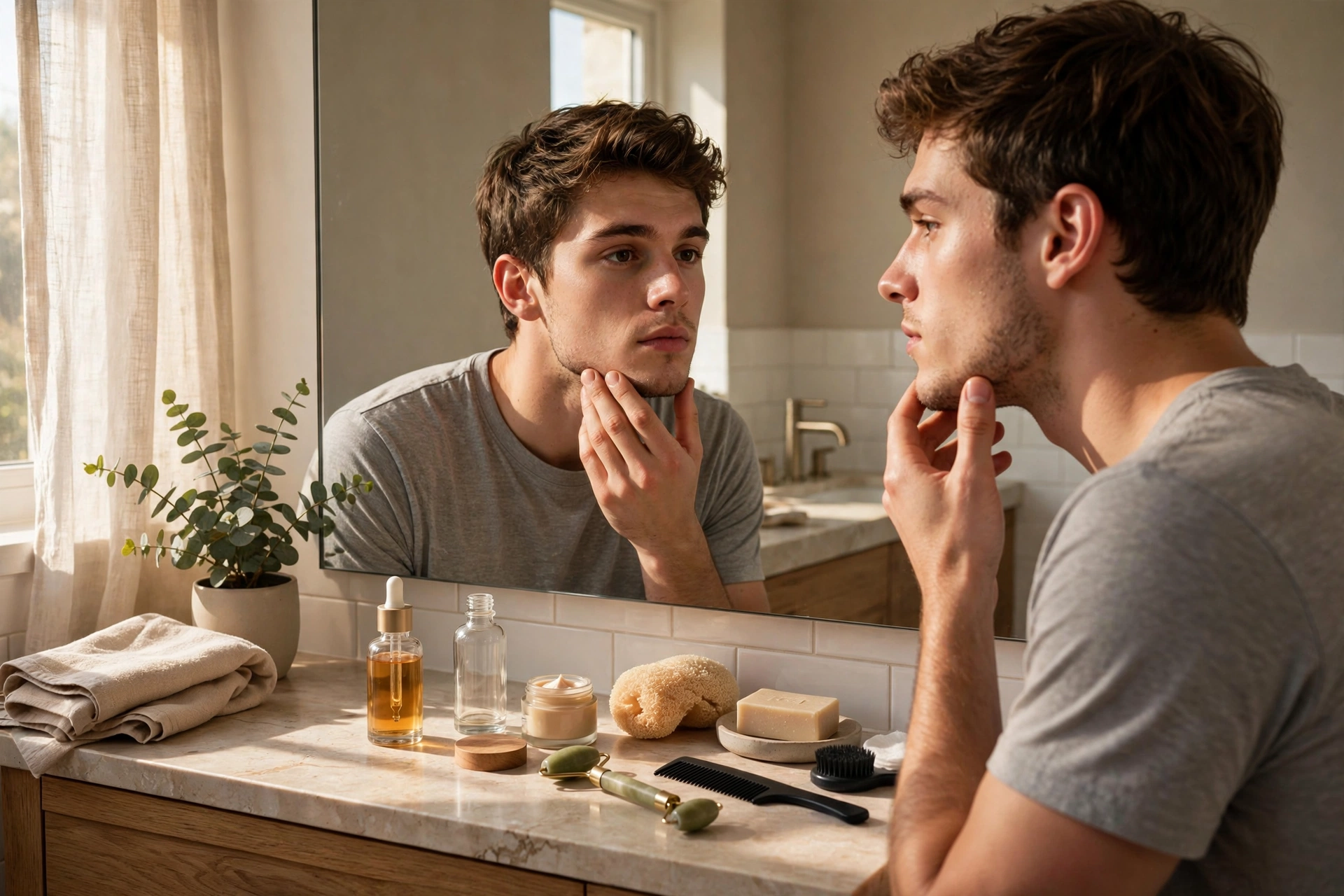 Young man checking his jawline in a mirror during a grooming routine