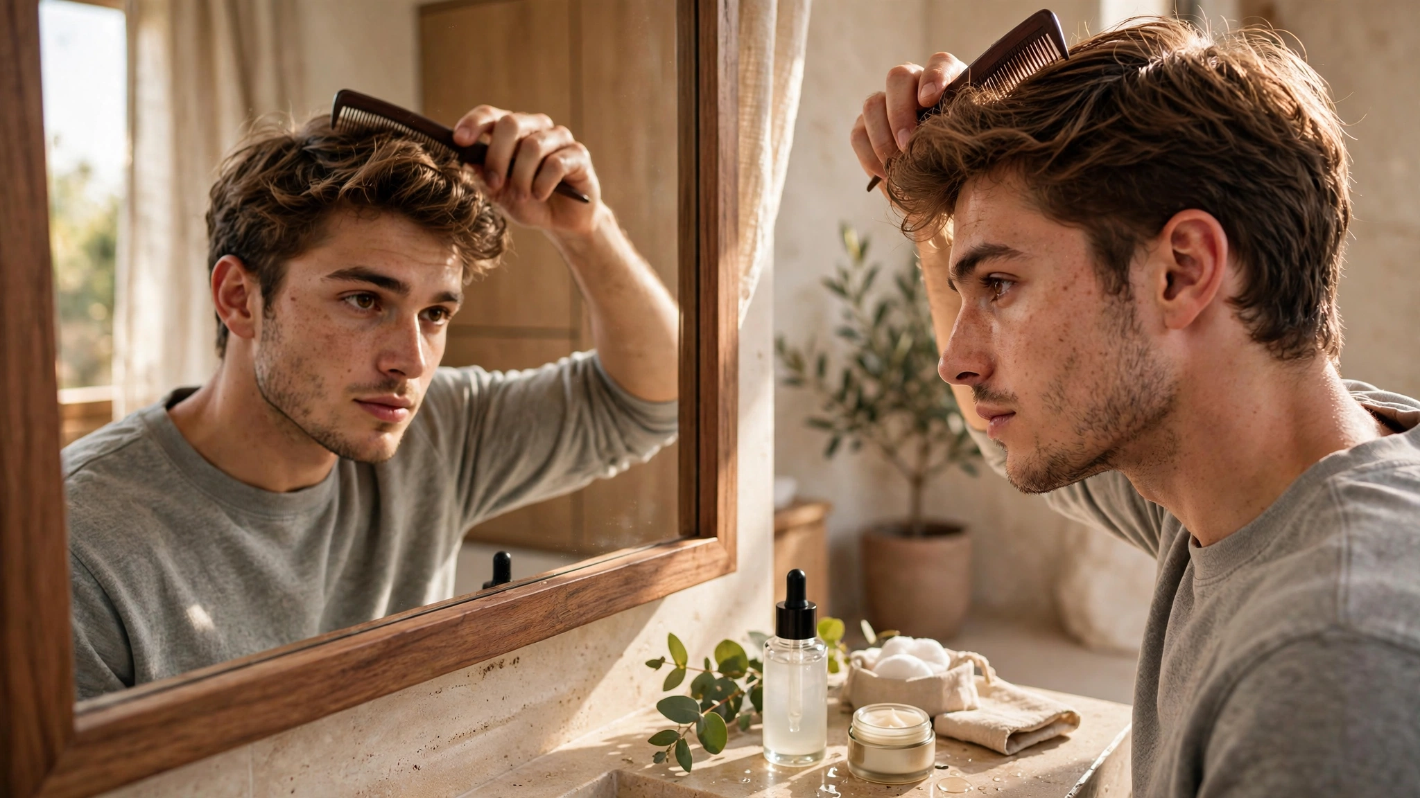 Young man combing his hair in front of a mirror with skincare nearby