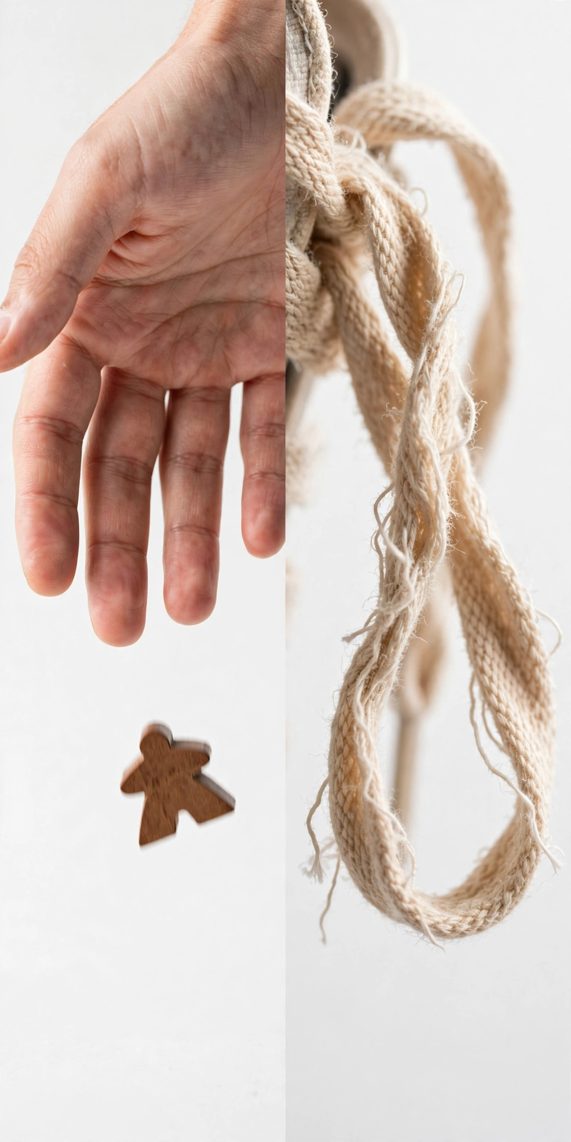 Split concept: hand dropping a game piece beside an untied loose shoelace