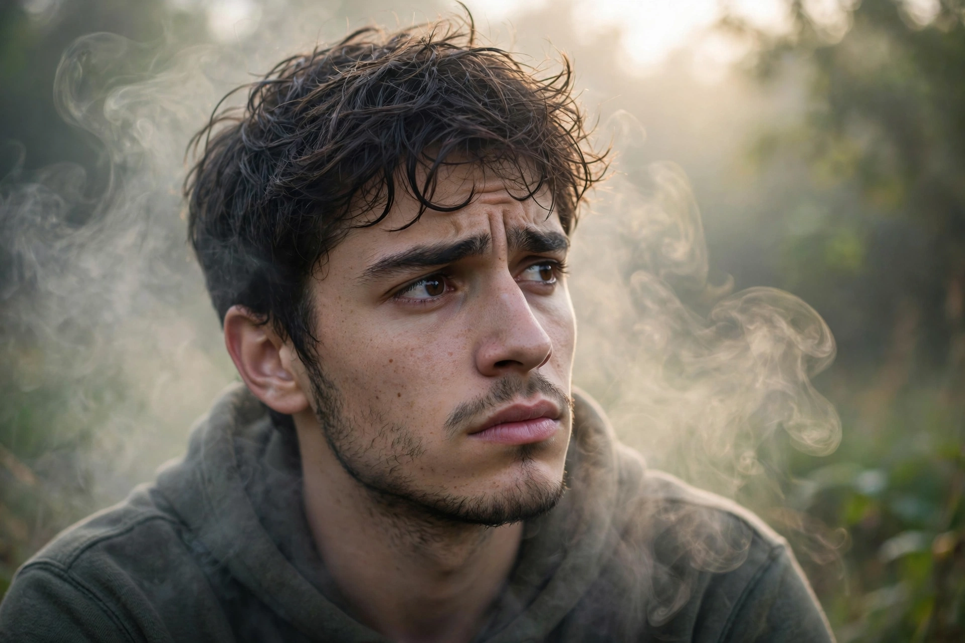 Close-up of a confused young man in soft swirling mist