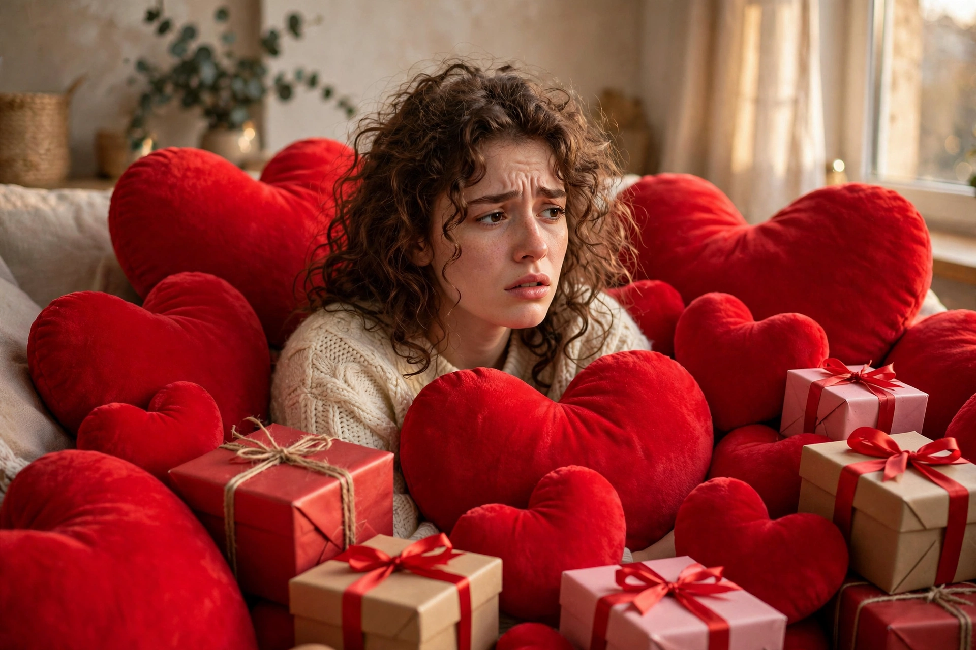 Young woman overwhelmed, buried in giant red hearts and gift boxes