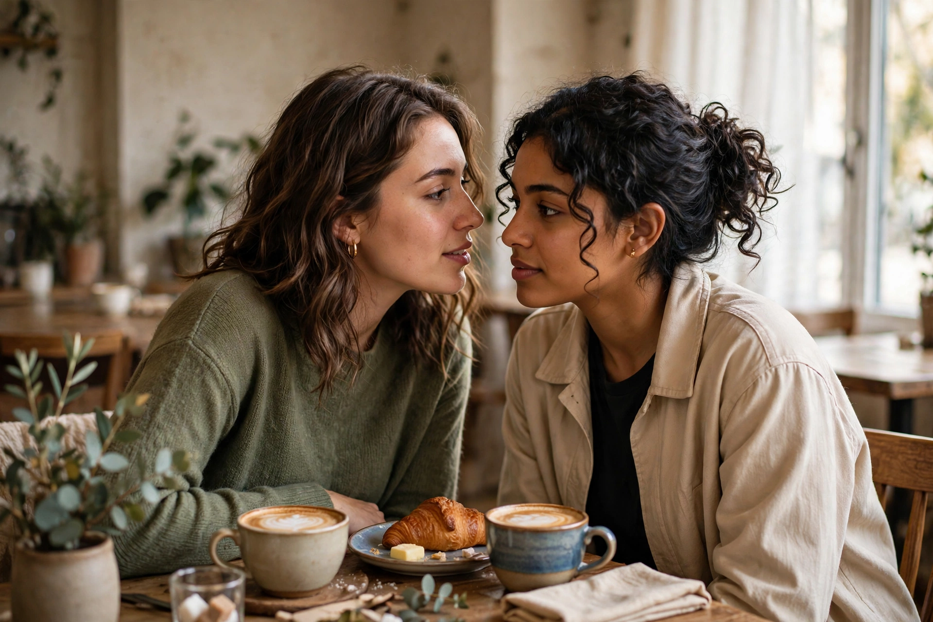 Young woman whispering honestly to a friend over coffee in a cozy cafe