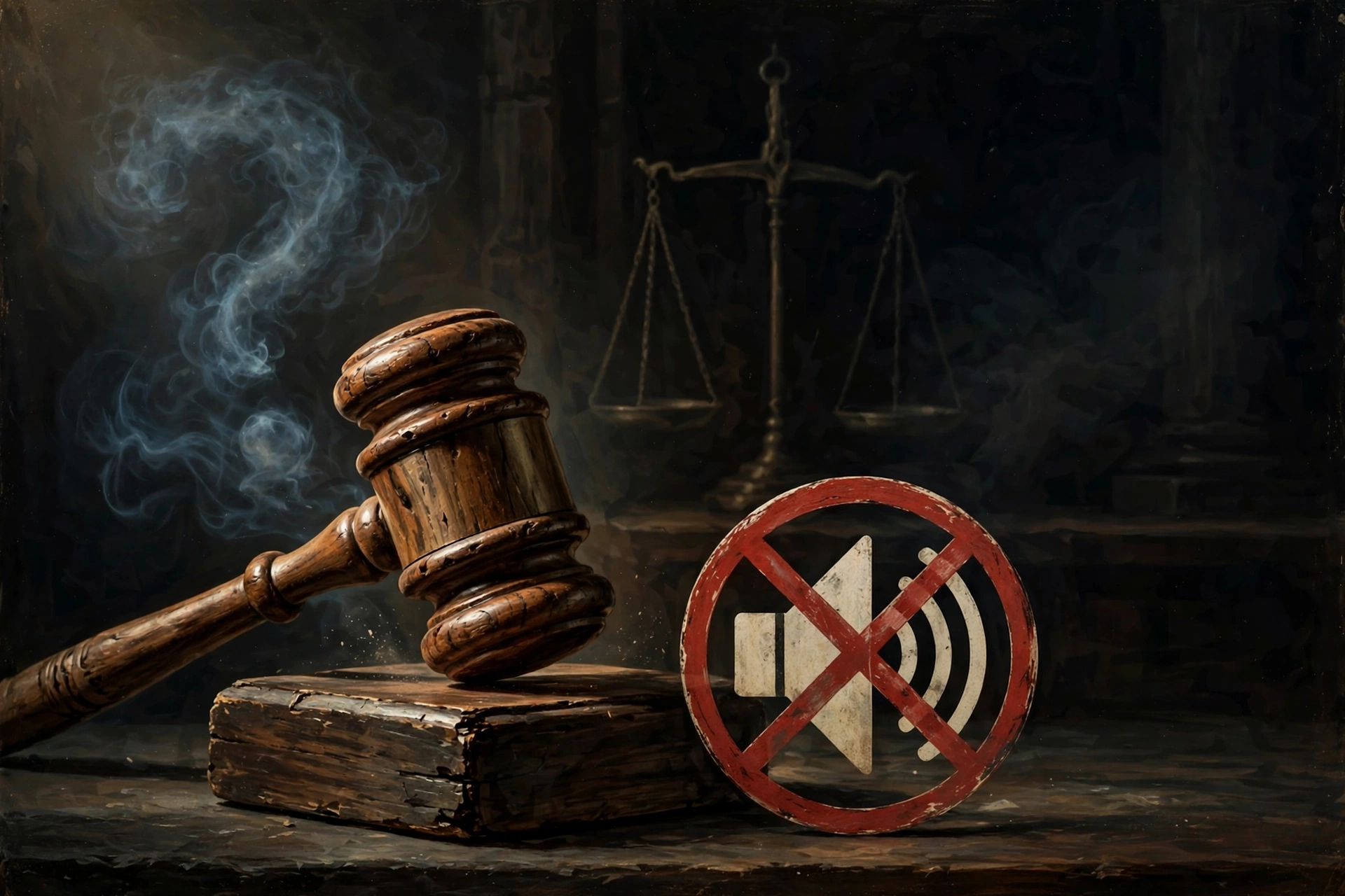 Wooden judge's gavel beside a crossed-out speaker icon in dramatic lighting, moot point vs mute point grammar concept