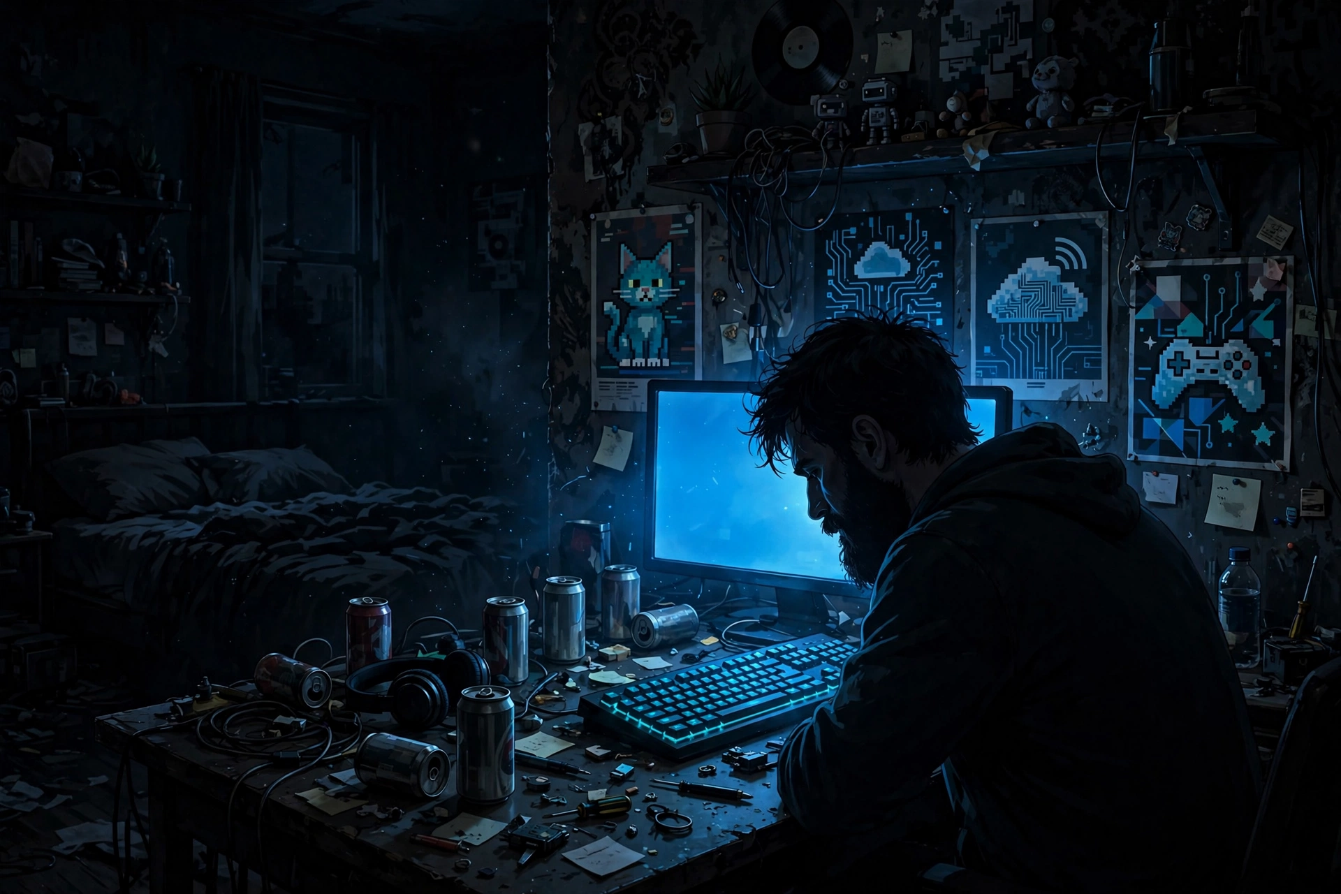 Silhouette of a bearded man hunched over a glowing keyboard in a dark blue-lit bedroom, internet stereotype concept