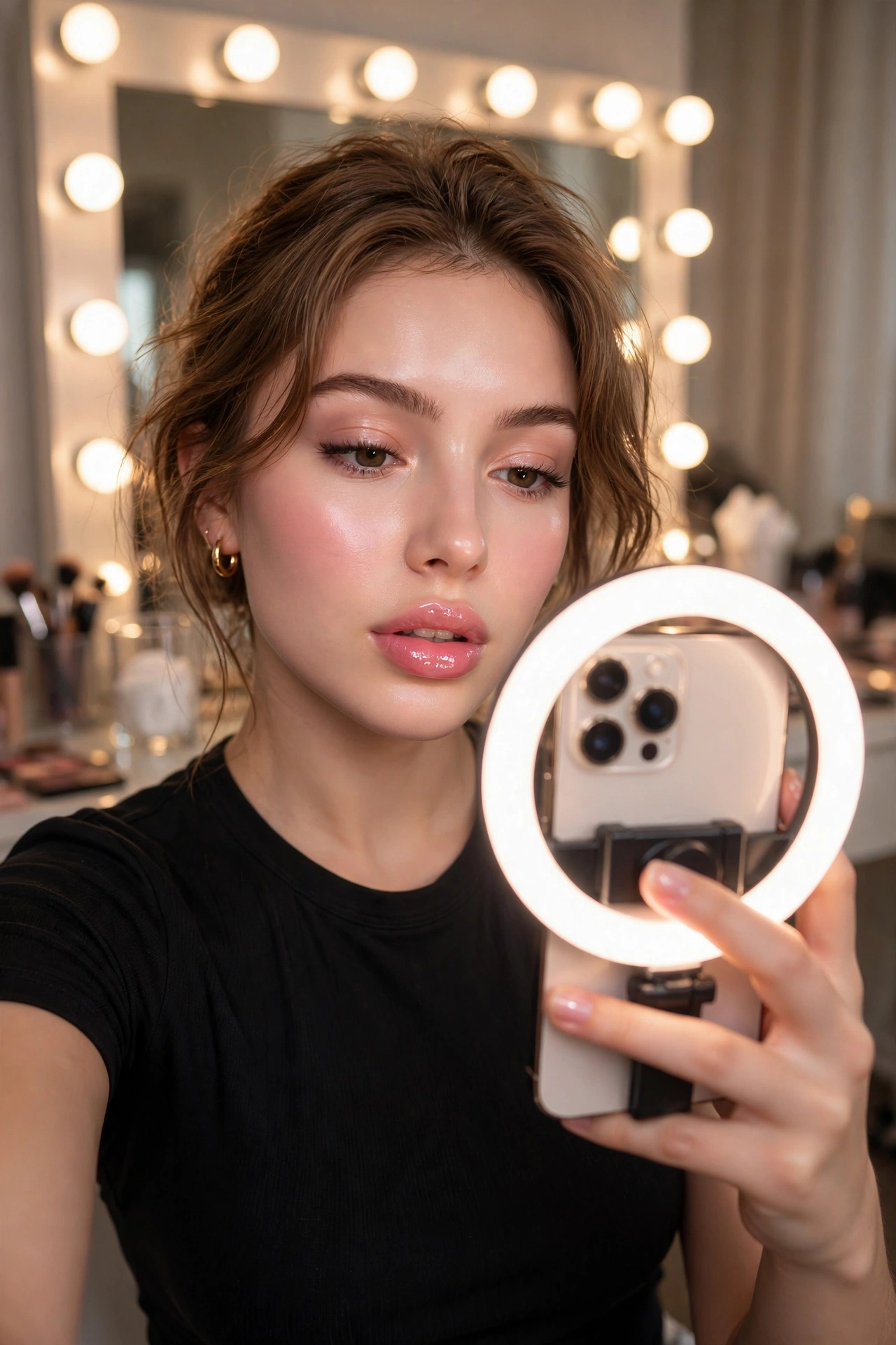 Young woman taking a selfie with a glowing ring light, over-glossed filtered beauty look