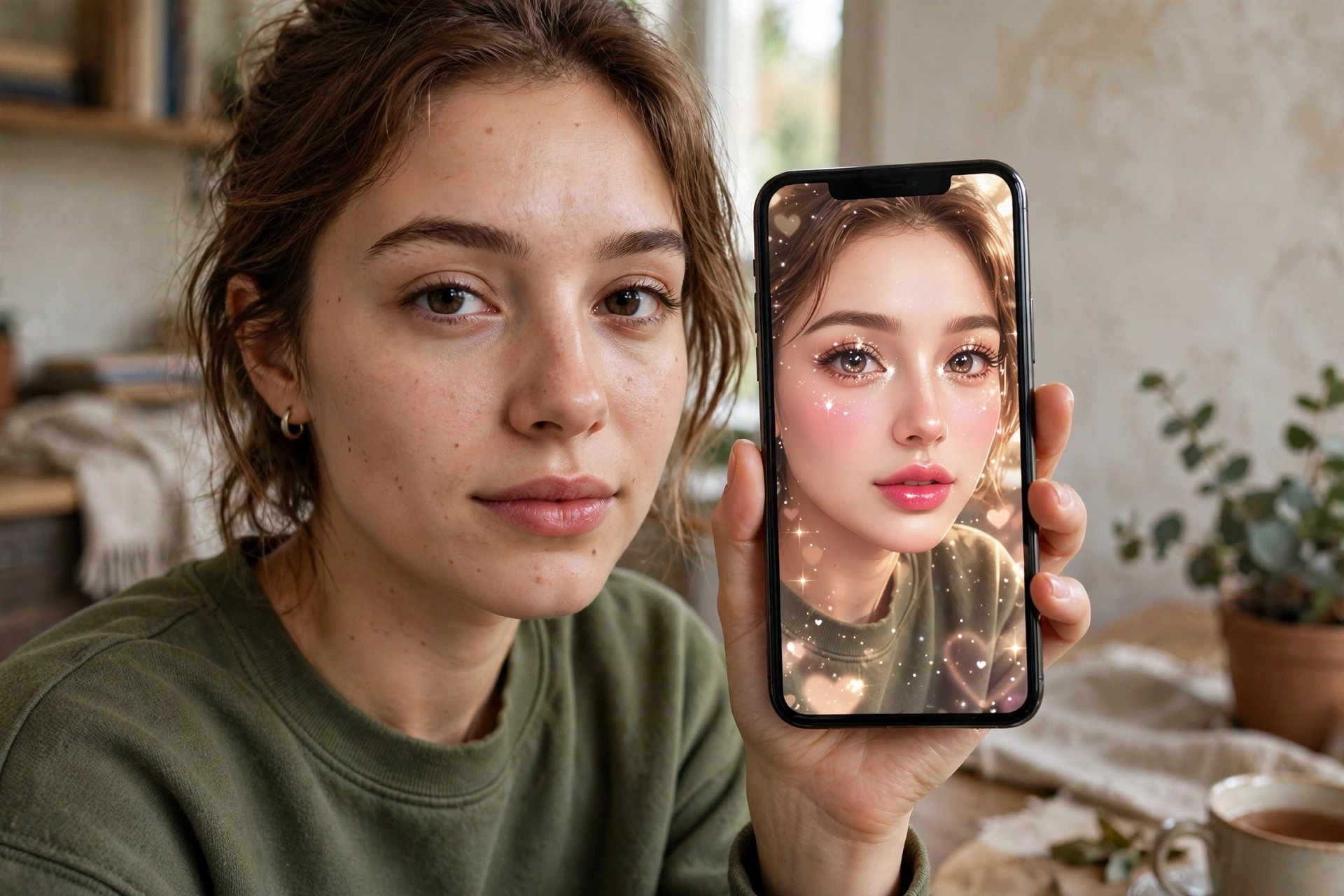 Woman holding a phone showing a heavily filtered selfie next to her natural face