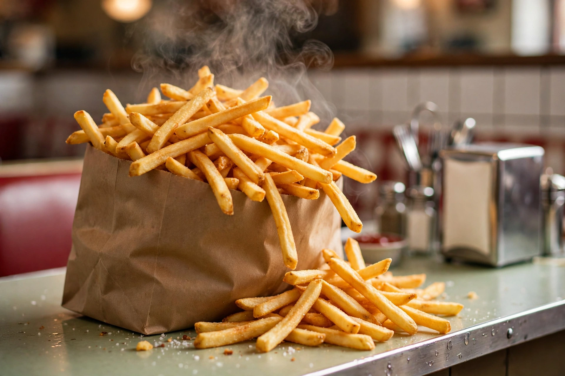 Brown paper takeout bag overflowing with golden french fries on a diner counter