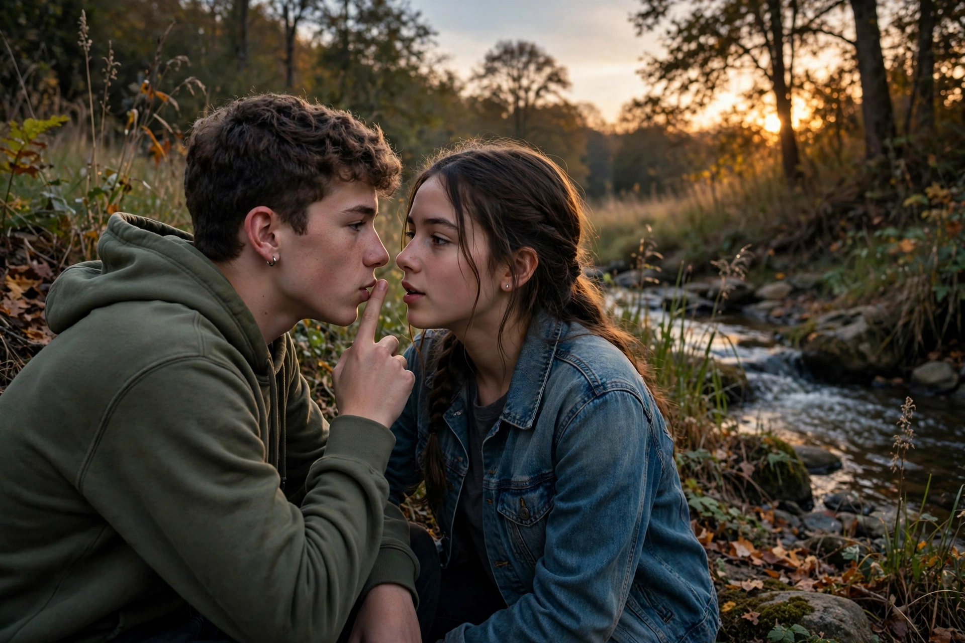 Two teens whispering by a creek at dusk, one holding a finger to their lips