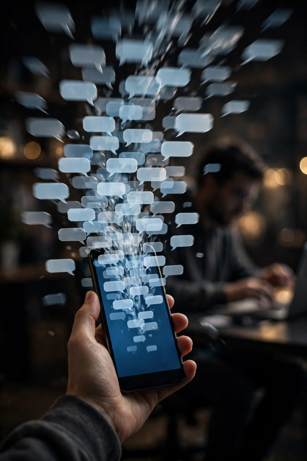 Smartphone with chat comment bubbles pouring from the screen