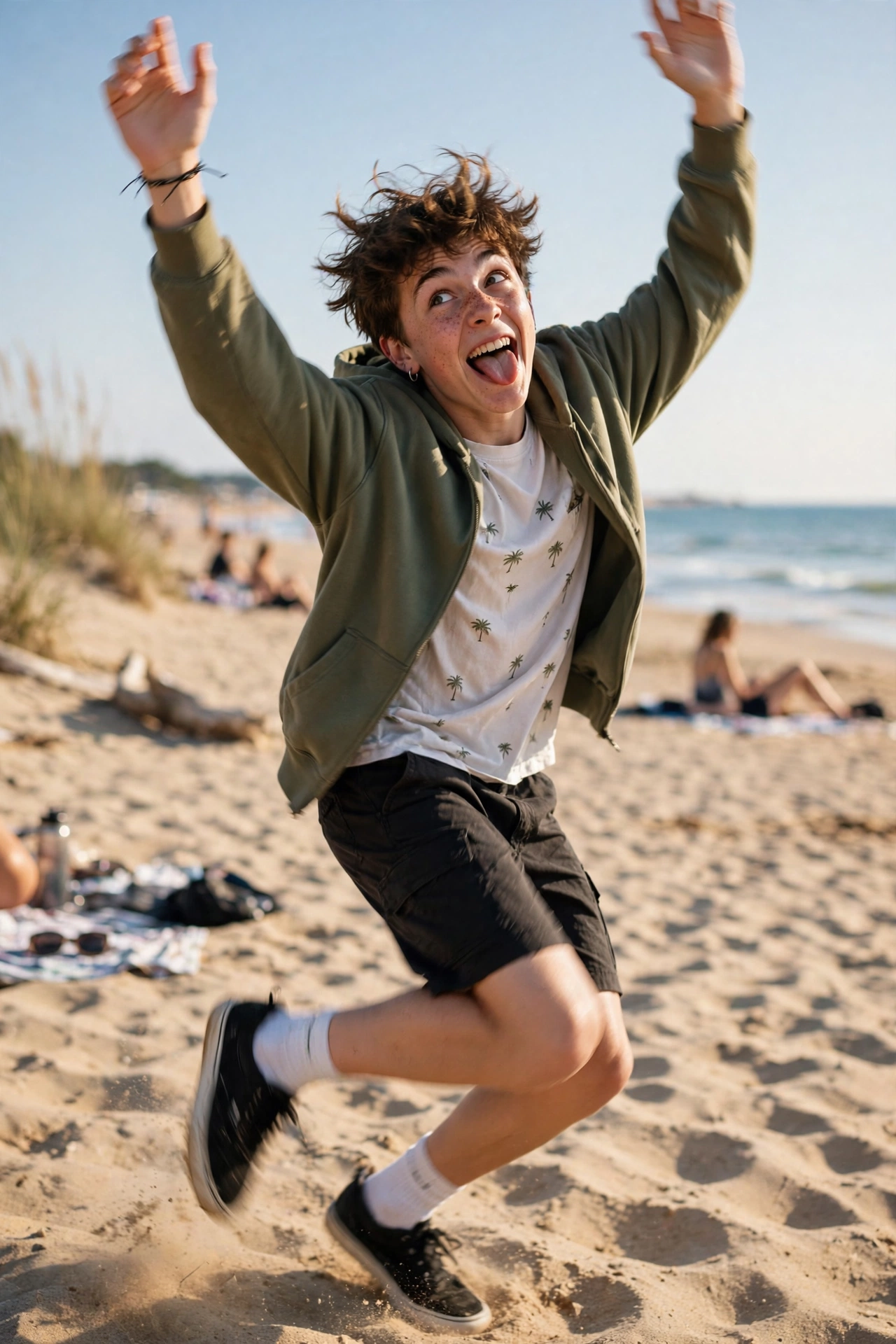 Teen dancing playfully with arms raised on a sunny beach