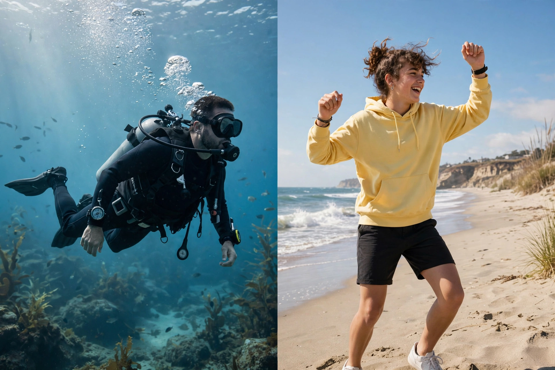 Split view: a scuba diver underwater beside a dancer on a beach