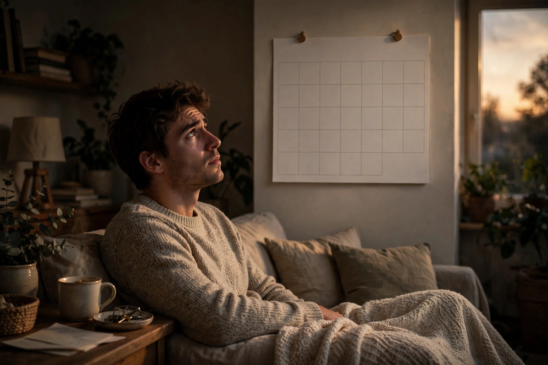 Person on a couch on a dim Sunday evening looking at a blank weekly calendar