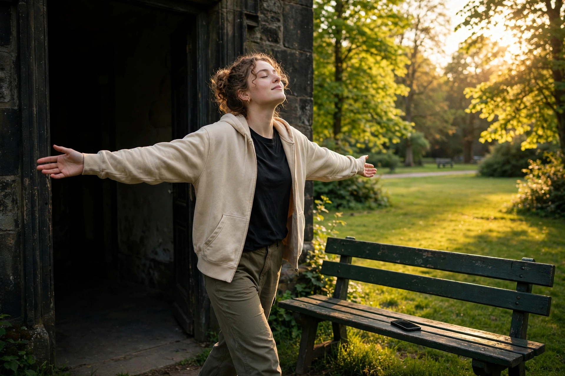 Woman stepping outside into a park, leaving her phone on a bench