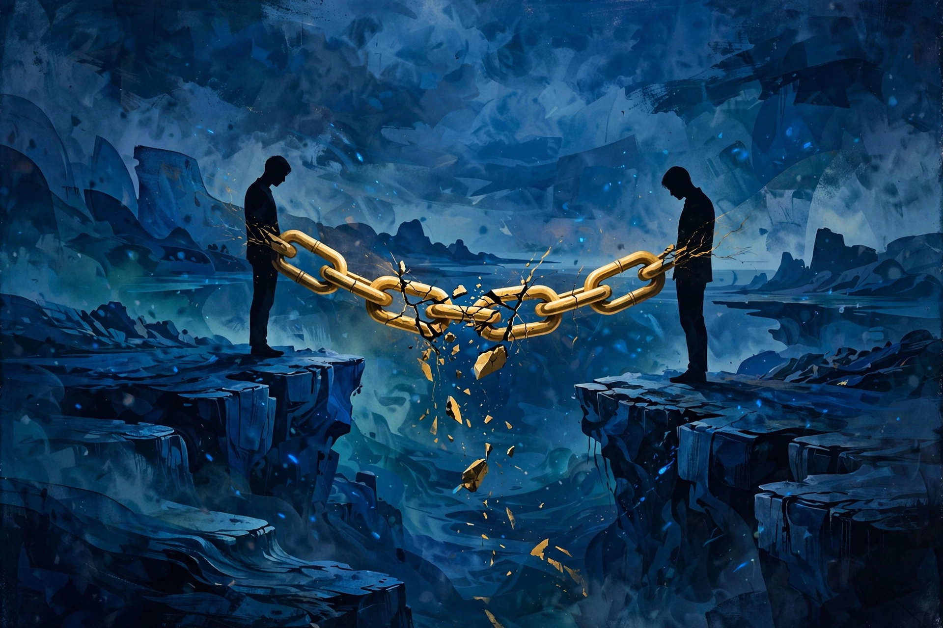 Two human silhouettes connected by a cracked golden chain under dramatic blue lighting