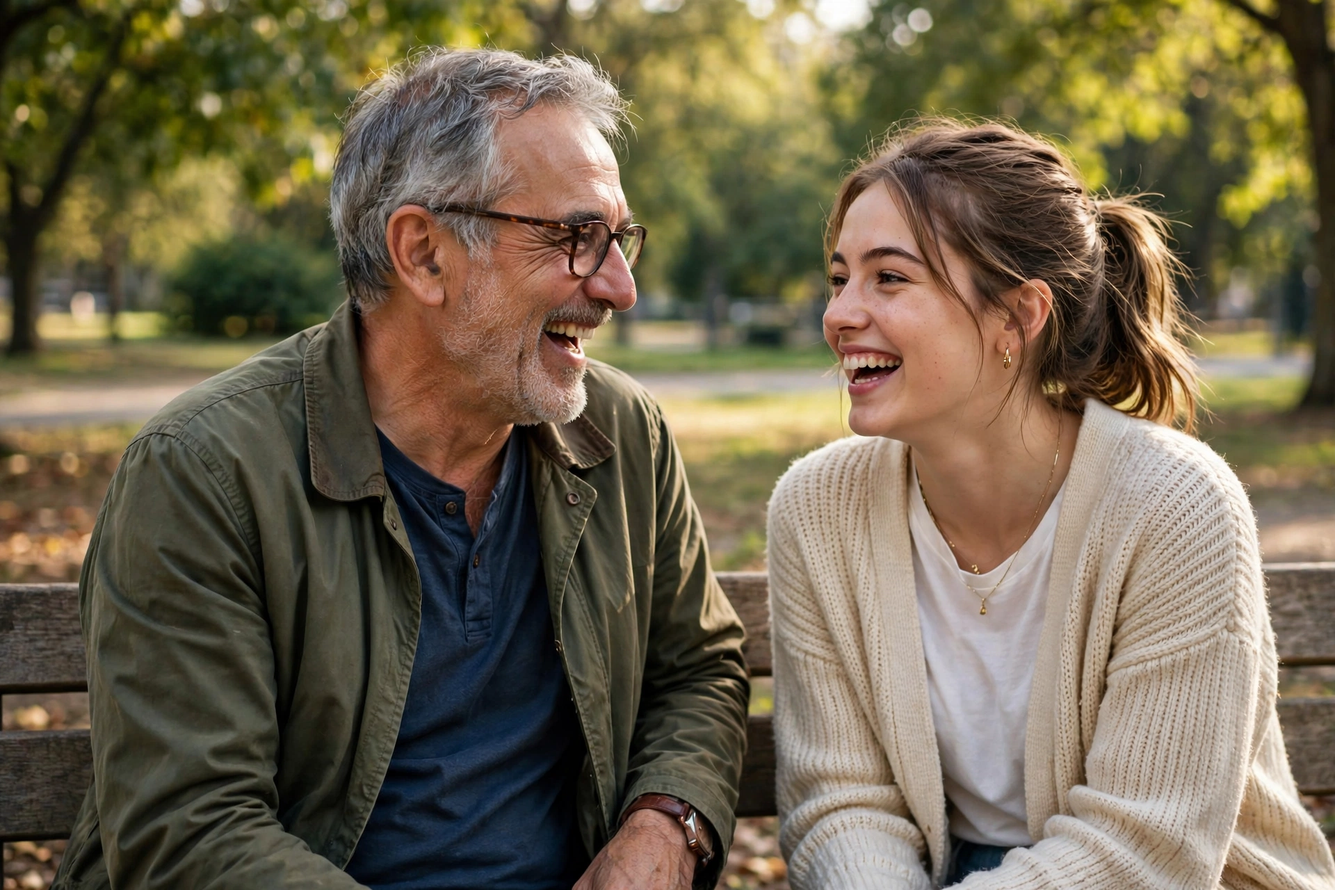 Older man laughing warmly with a young woman on a park bench