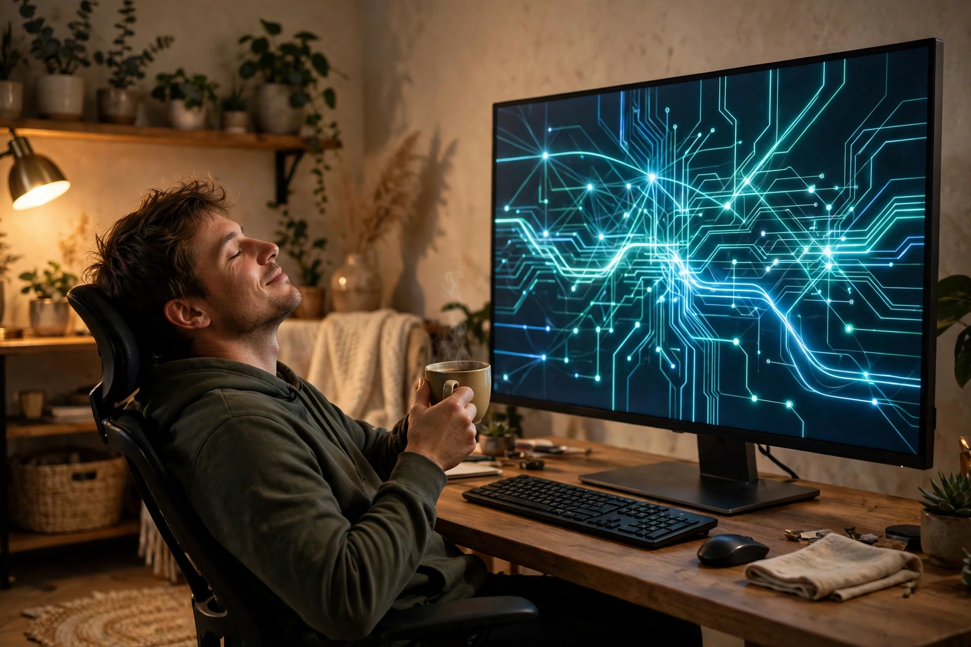 Relaxed programmer with coffee watching code write itself on a glowing monitor