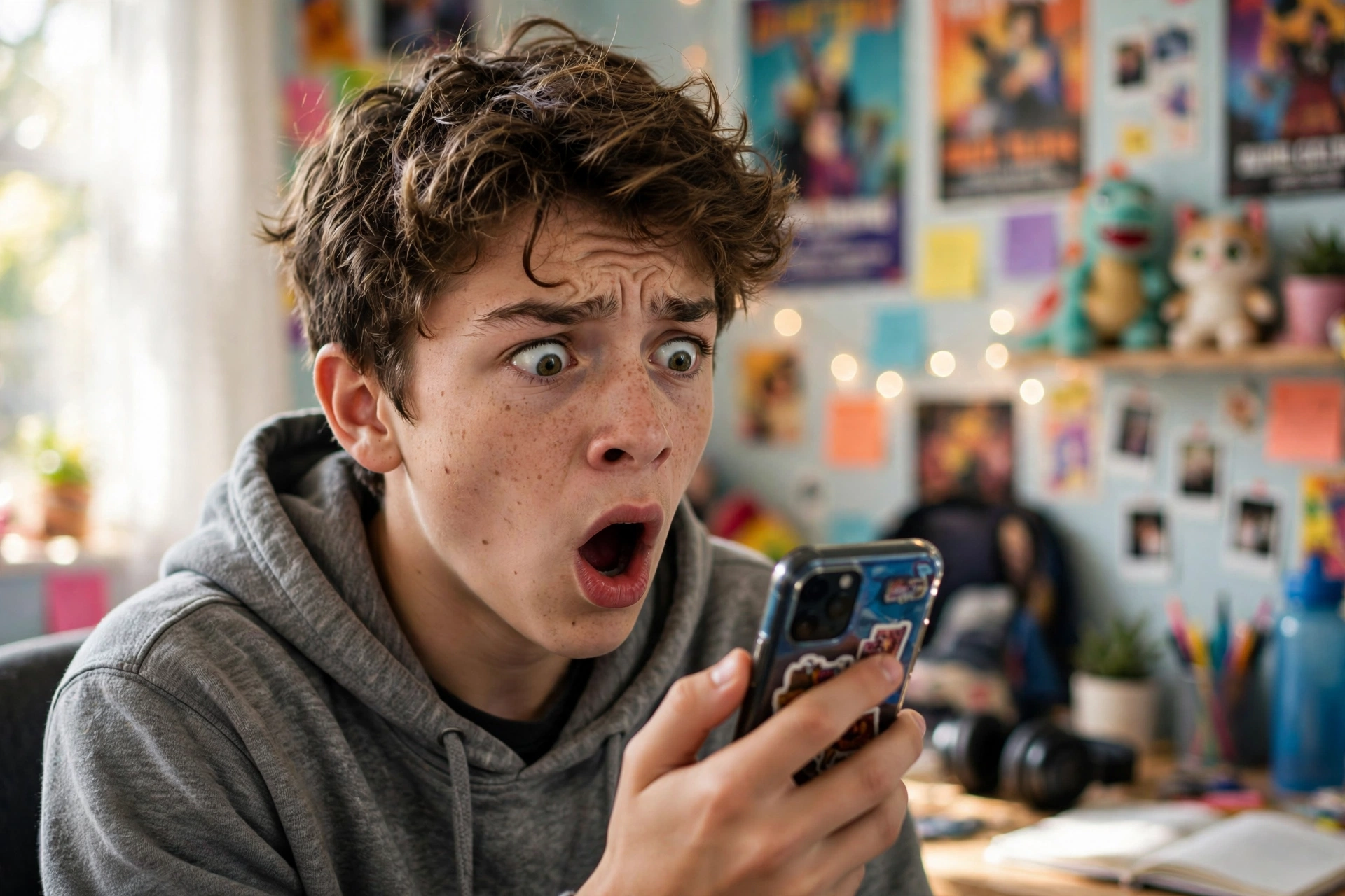 Teenager with an exaggerated shocked expression holding a phone