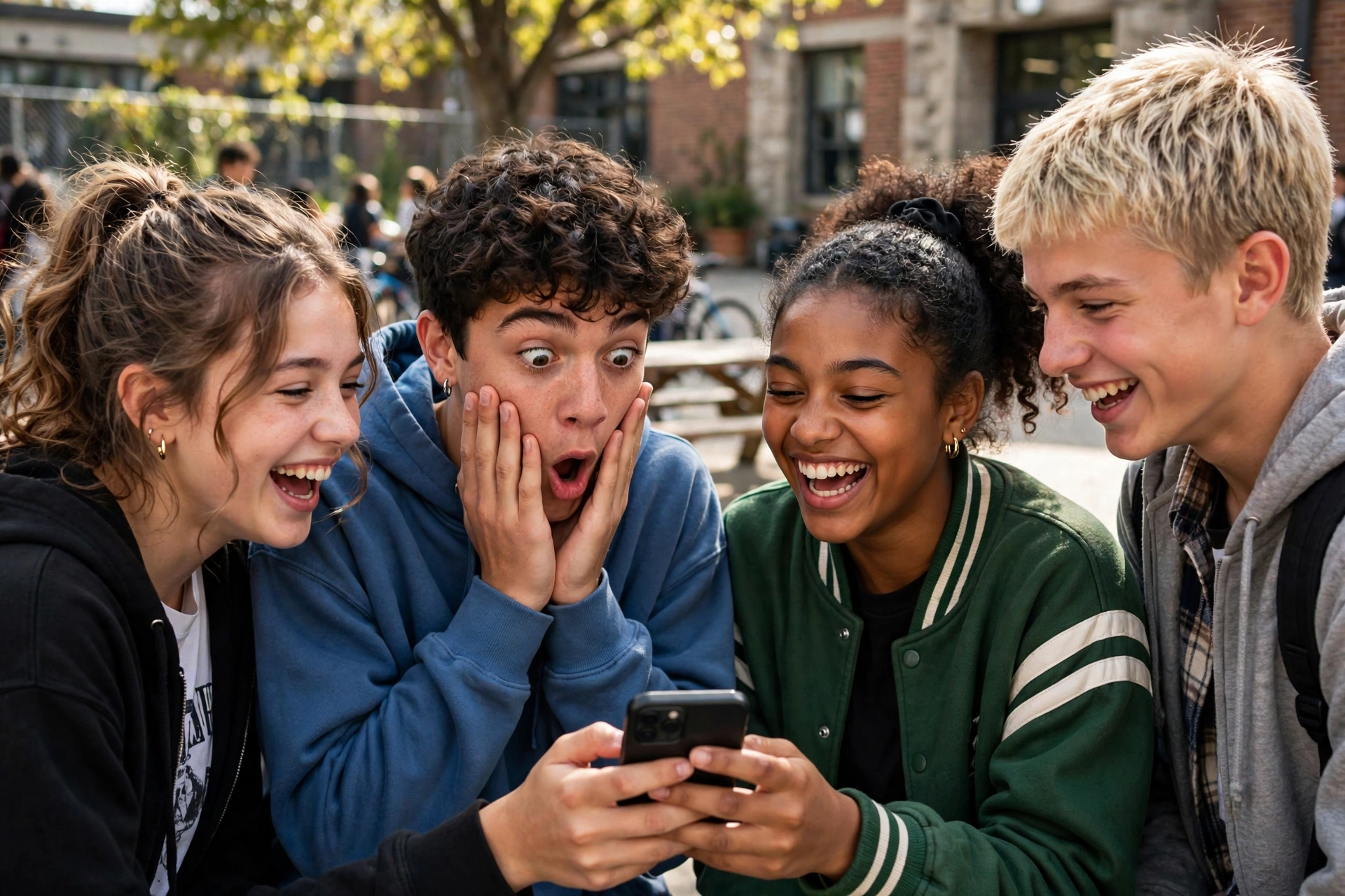 Teens laughing at a phone, one making a shocked face