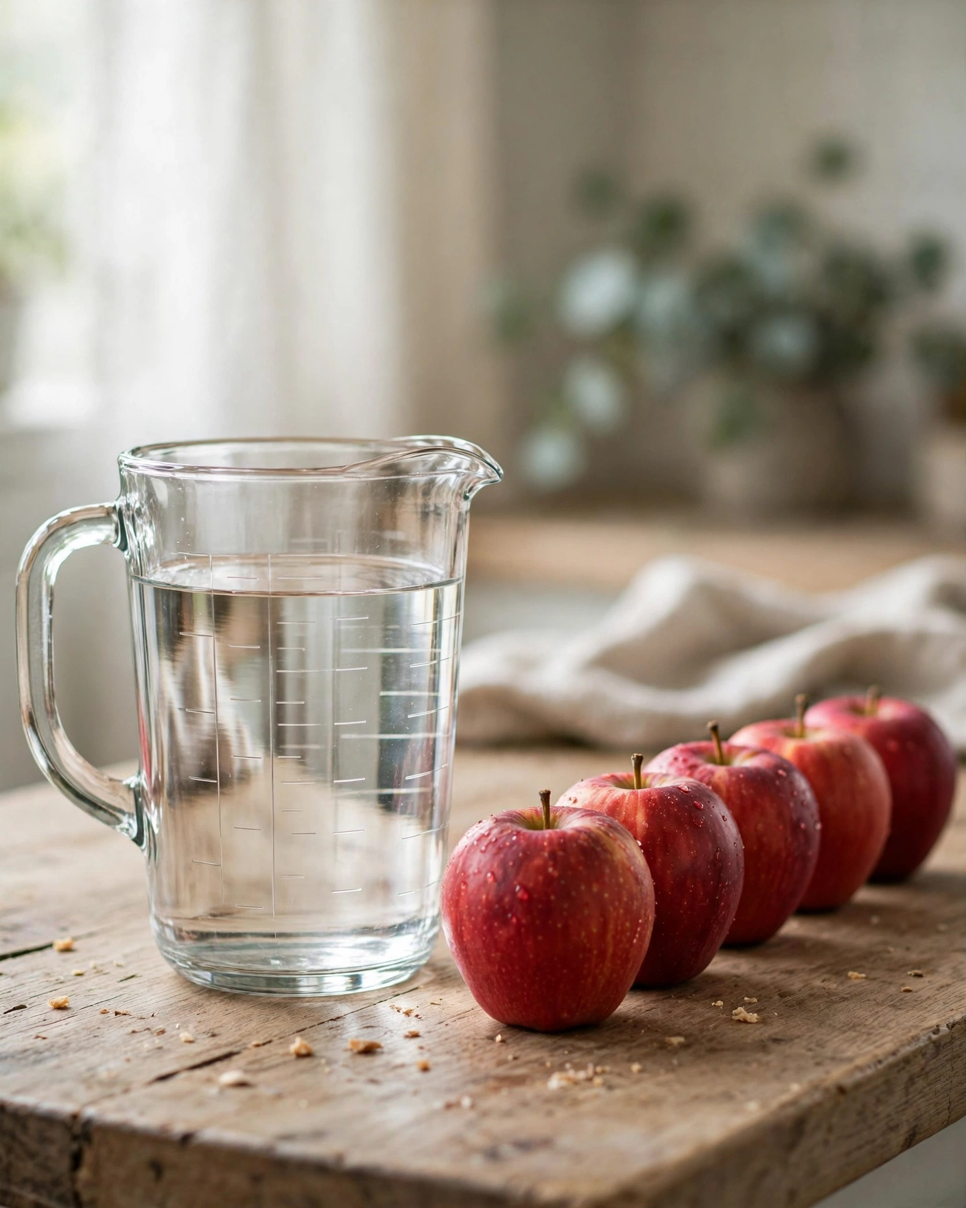 A glass measuring jug of water on a kitchen counter next to a neat row of individually countable red apples, photorealistic style.