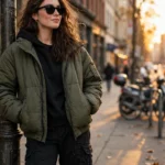A confident young woman in stylish streetwear posing on a city sidewalk at golden hour, sunglasses on, cinematic photorealistic style.