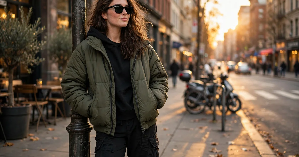 A confident young woman in stylish streetwear posing on a city sidewalk at golden hour, sunglasses on, cinematic photorealistic style.