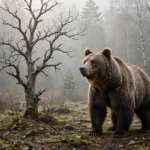 A brown bear standing in a forest clearing beside a leafless bare tree, morning mist, photorealistic wildlife photography.