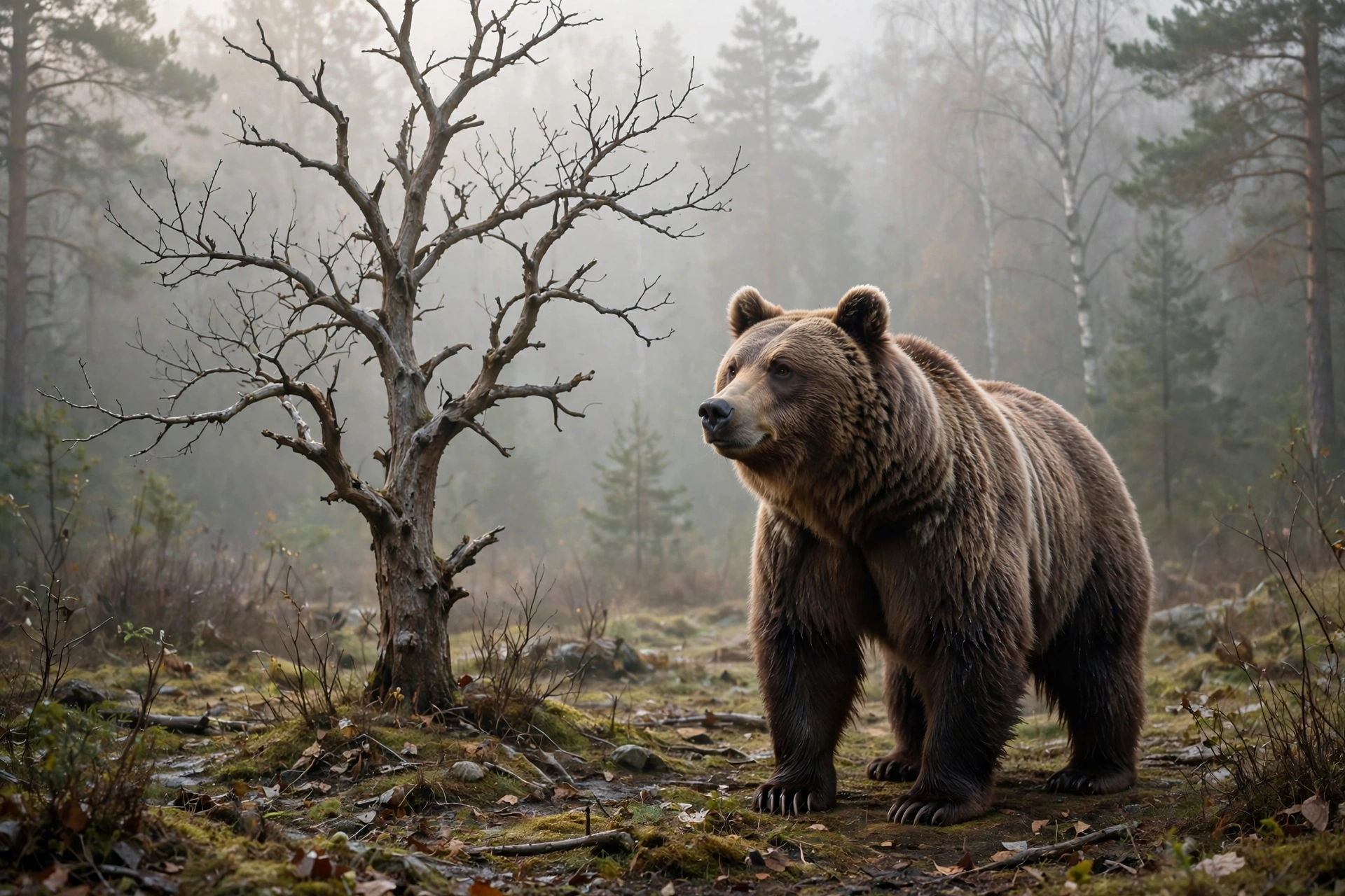 A brown bear standing in a forest clearing beside a leafless bare tree, morning mist, photorealistic wildlife photography.