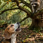 A beagle barking up at a large oak tree in a forest while a raccoon watches from a higher branch, dappled light, photorealistic style.