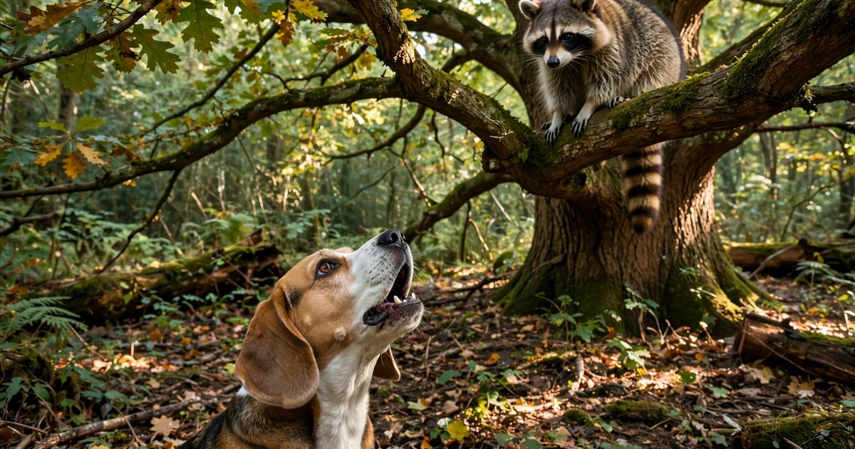 A beagle barking up at a large oak tree in a forest while a raccoon watches from a higher branch, dappled light, photorealistic style.