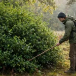 A person tapping a long stick gently around the edge of a dense green bush in a forest clearing, soft morning light, photorealistic style.
