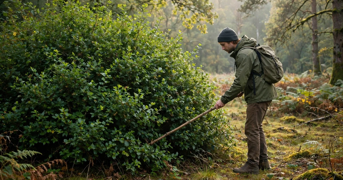 A person tapping a long stick gently around the edge of a dense green bush in a forest clearing, soft morning light, photorealistic style.