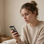 A person scrolling a dull dating profile on a phone in a plain beige-colored room, looking unimpressed, soft daylight, photorealistic style.